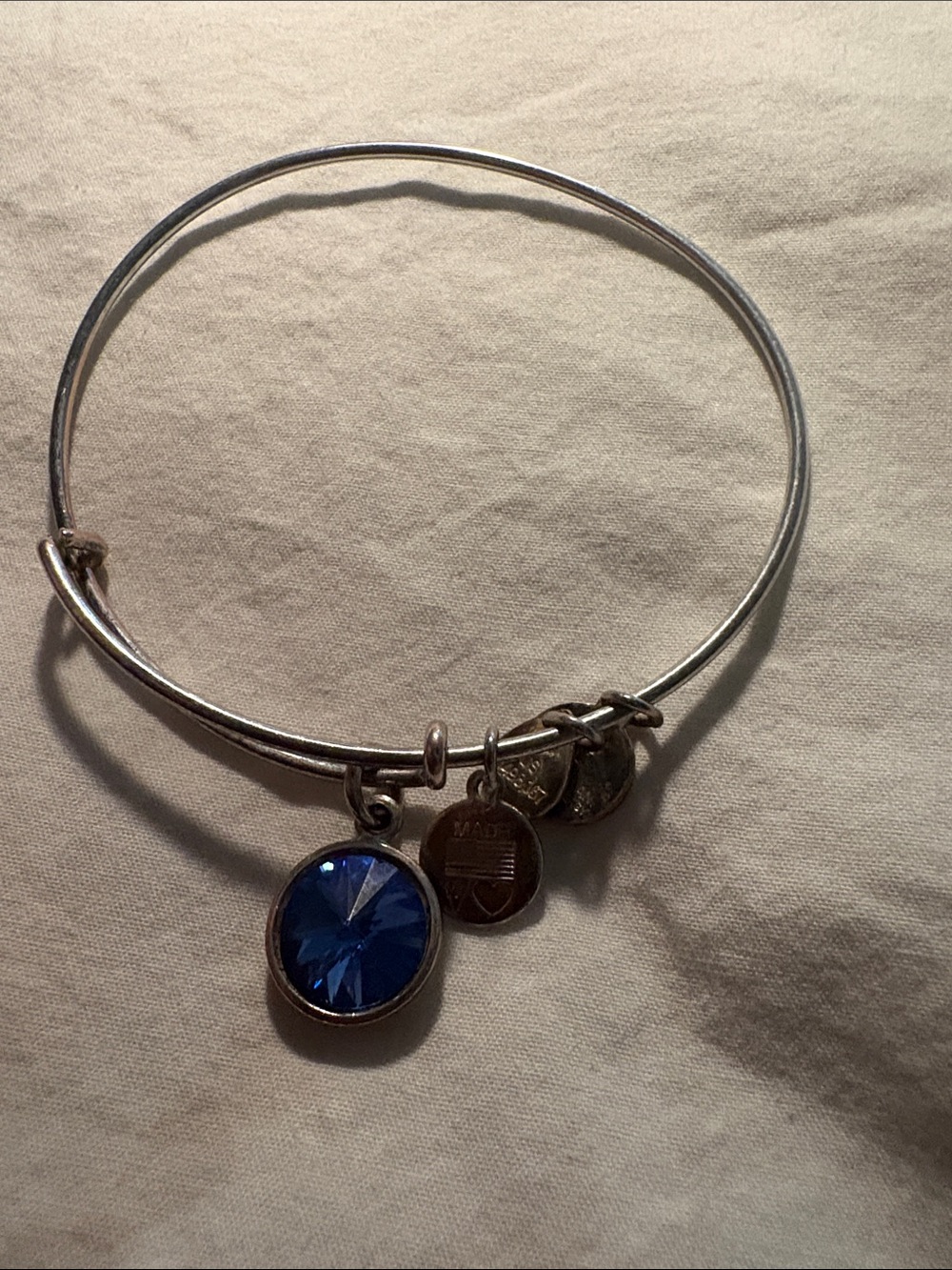 Alex and Ani Silver Bangle with Sapphire Blue Crystal Charm